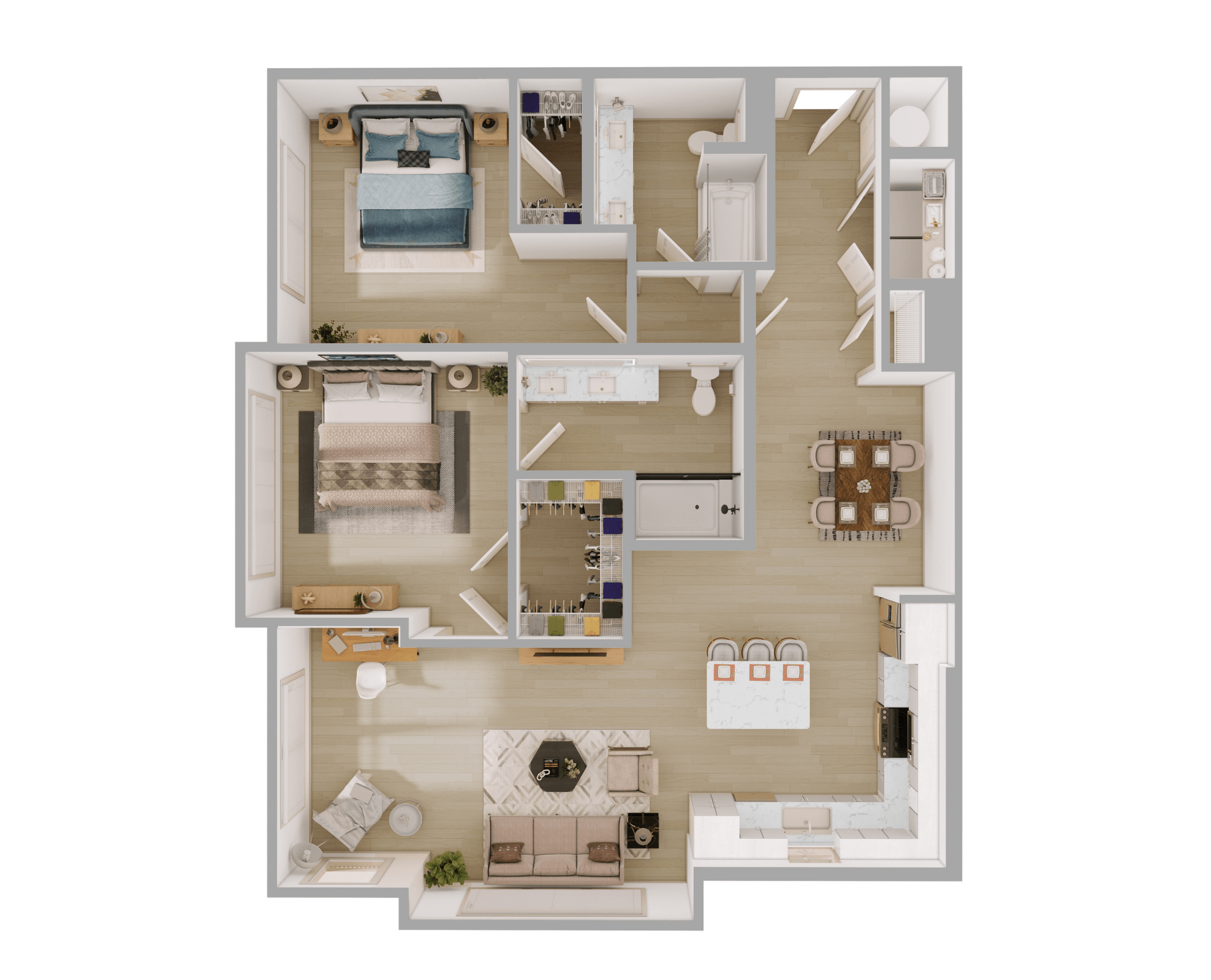 B3 2 Bedroom Floor Plan in Scheme 2: White Cabinets and Lighter Flooring |  1277 Square Feet,2D B3 2 Bedroom Floor Plan with Balcony |  1277 Square Feet
